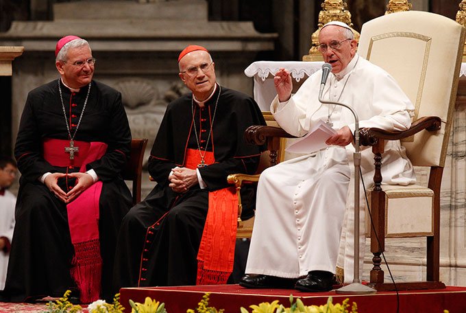 Pope Francis addresses pilgrims from the Diocese of Bergamo, Italy, in St. Peter's Basilica at the Vatican June 3.
