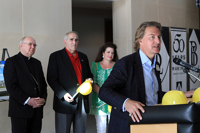 Richard Toussaint speaks during the demolition celebration, as Bishop Lynch alumni and students bid farewell to the VPA/Rectory Building and initiate construction of the new Student Complex for Arts & Athletics, on June 08, 2013 at Bishop Lynch high school in Dallas. (Ben Torres/Special Contributor)