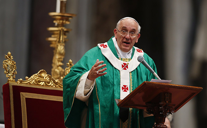 Pope Francis addresses seminarians, novices and others as he celebrates Mass in St. Peter's Basilica at the Vatican. (CNS photo/Tony Gentile, Reuters)