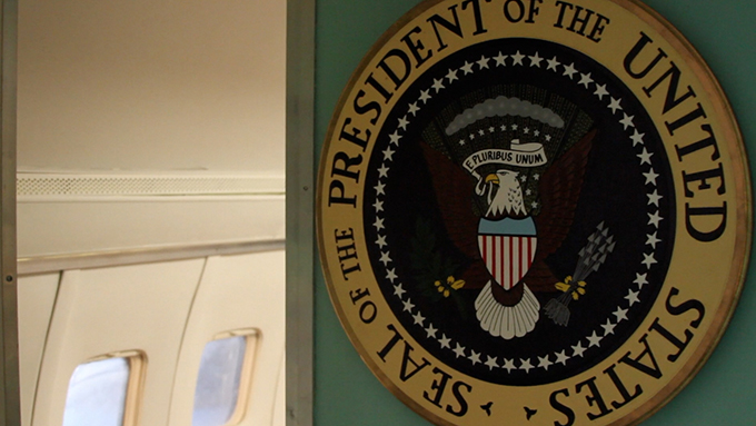 The Presidential Seal welcomes visitors aboard Air Force One. A model of the plane used by President John F. Kennedy is on display at the Frontiers of Flight Museum in Dallas. (Seth Gonzales/Texas Catholic)