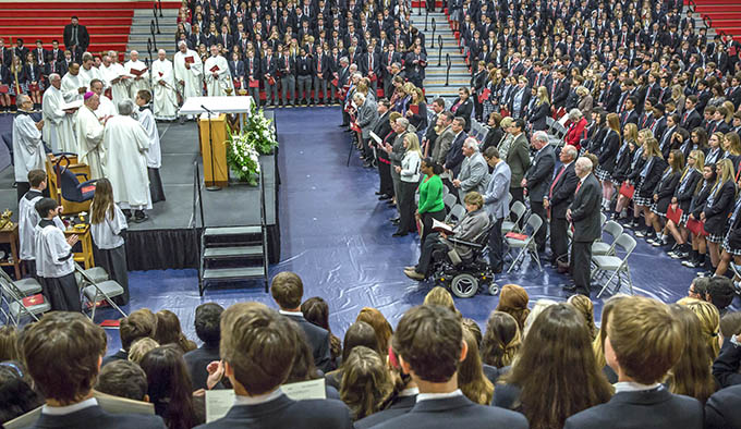 Bishop Kevin J. Farrell celebrates Mass during the 10 year anniversary Mass at John Paul II High School in Plano on Oct. 22. (RON HEFLIN/Special Contributor)