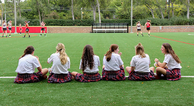Students make use of the athletic field at Ursuline Academy of Dallas, which on Oct. 9 was named the Sister Margaret Ann Moser, O.S.U. Athletic Field. (JENNA TETER/The Texas Catholic)