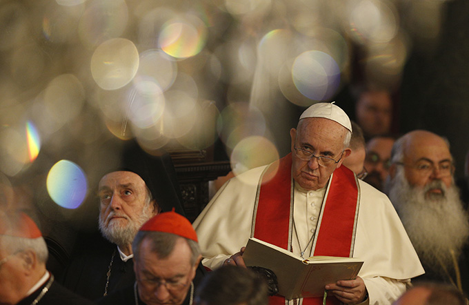 Pope Francis attends a Divine Liturgy with Ecumenical Patriarch Bartholomew of Constantinople in the patriarchal Church of St. George in Istanbul Nov. 30. The liturgy marked the feast of St. Andrew, patron of the ecumenical patriarchate. (CNS photo/Paul Haring)
