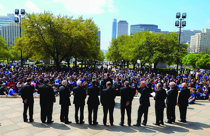 Catholic advocates listen to bishops from dioceses throughout Texas on the south steps of the State Capitol on Texas Catholic Faith in Action Advocacy Day on March 24 in Austin. (JENNA TETER/The Texas Catholic)