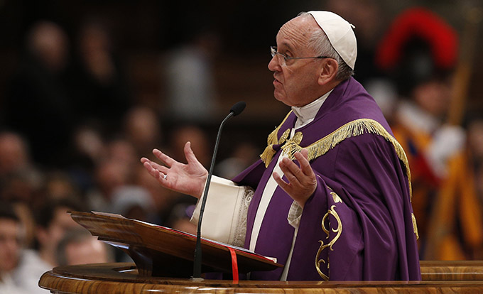 Pope Francis preaches during a Lenten penance service in St. Peter's Basilica at the Vatican March 13. During a March 13 penance service, the pope announced an extraordinary jubilee, a Holy Year of Mercy, to be celebrated from Dec. 8, 2015, until Nov. 20, 2016. (CNS photo/Paul Haring)
