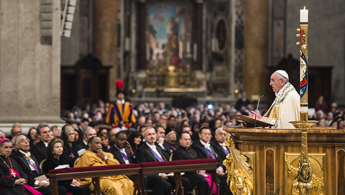 Pope Francis preaches during first vespers of Divine Mercy Sunday in St. Peter's Basilica at the Vatican April 11. Before celebrating vespers, the pope released a 9,300-word document officially proclaiming the 2015-2016 extraordinary Holy Year of Mercy. (CNS photo/Cristian Gennari)