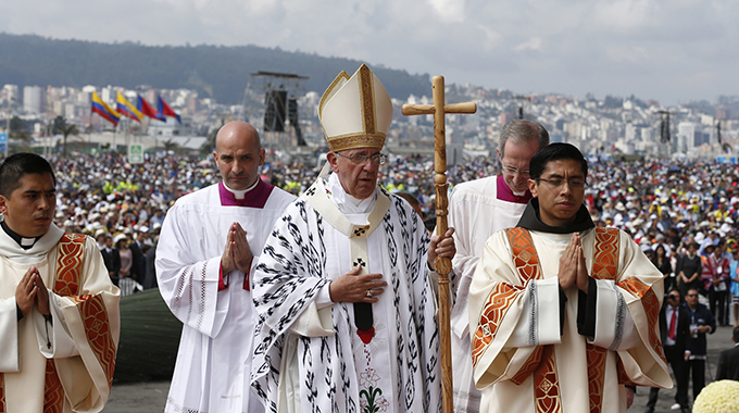 Pope Francis arrives to celebrate Mass in Bicentennial Park in Quito, Ecuador, July 7. The pope is making an eight-day visit to Ecuador, Bolivia and Paraguay. (CNS photo/Paul Haring)