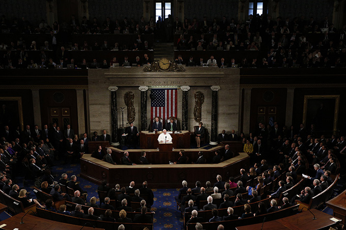 Pope Francis addresses a joint meeting of Congress at the U.S. Capitol in Washington Sept. 24. In the first such speech by a pope, he called on Congress to stop bickering as the world needs help. (CNS photo/Paul Haring)