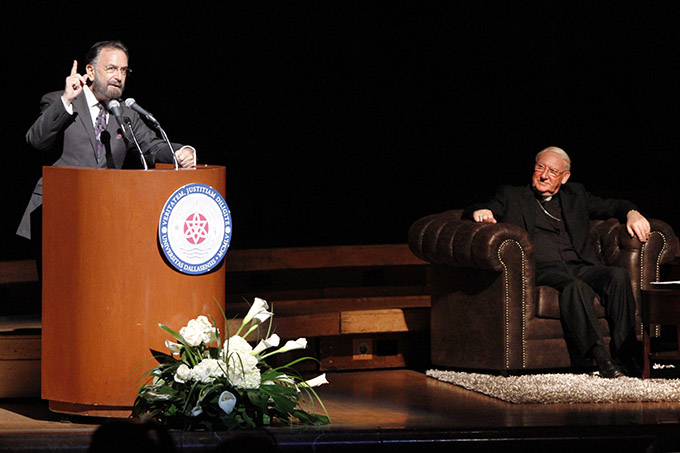 Rabbi David Rosen, director of interreligious affairs for the American Jewish Council, speaks at the University of Dallas 2015 Eugene McDermott Lecture, "Nostra Aetate - 50 years Later: Commemorating Jewish-Catholic Relations," on Nov. 4 at the Morton H. Meyerson Center in Dallas. Also speaking at the event (seated) was Bishop Brian Farrell, head of the Vatican’s Pontifical Council for Christian Unity. (BEN TORRES/Special Contributor)