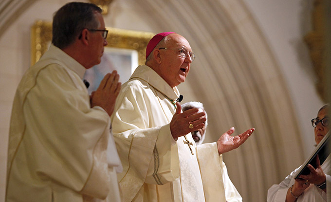 Bishop Kevin J. Farrell celebrates a Mass for Hope and Healing for the victims of the Black Lives Matter Rally shooting, on July 9 at the Cathedral Shrine of the Virgin of Guadalupe in Dallas. (Ben Torres/Special Contributor)