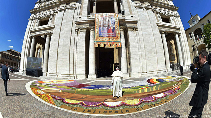 Pope Francis enters the Basilica of St. Mary of the Angels in Assisi, Italy, Aug. 4. (CNS photo/L'Osservatore Romano via Reuters)