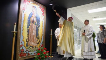Bishop Kelly blesses new Our Lady of Guadalupe mosaic at Bishop Lynch